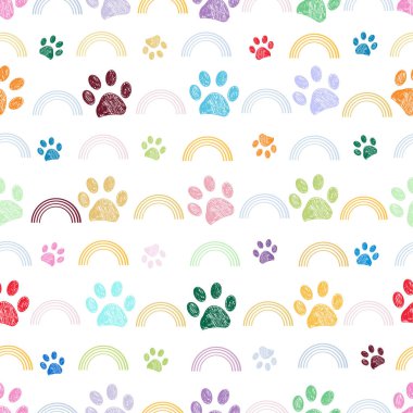 Colorful rainbow and paw prints Kids, baby shower, t-shirt, fabric textile design seamless pattern for children textile design