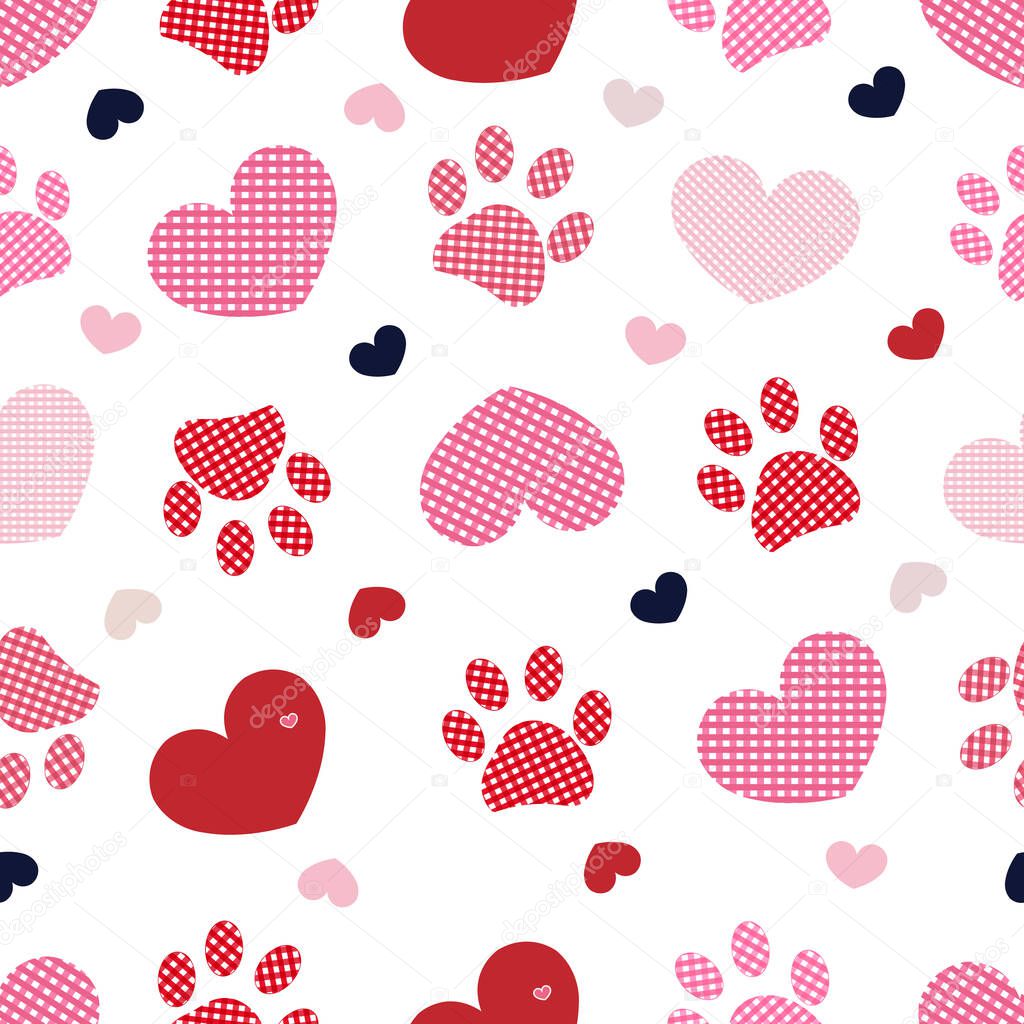Plaid hearts with seamless black pattern with doodle paw prints. Happy Valentine's day or Merry Christmas design fabric seamless pattern