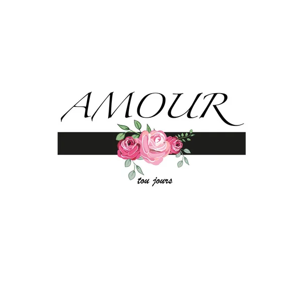 Слоган Amour Иллюстрацией Розовых Роз Элемент Дизайна Футболки — стоковый вектор