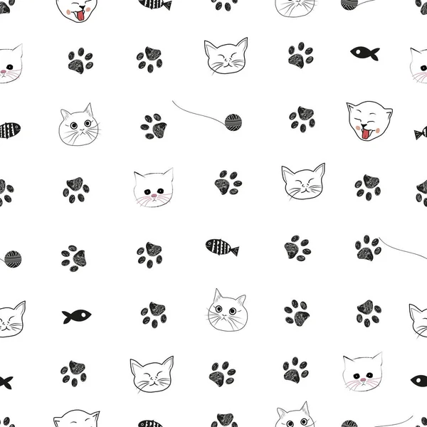 可爱的手绘猫脸和涂鸦爪印 无缝面料猫图案设计 — 图库矢量图片