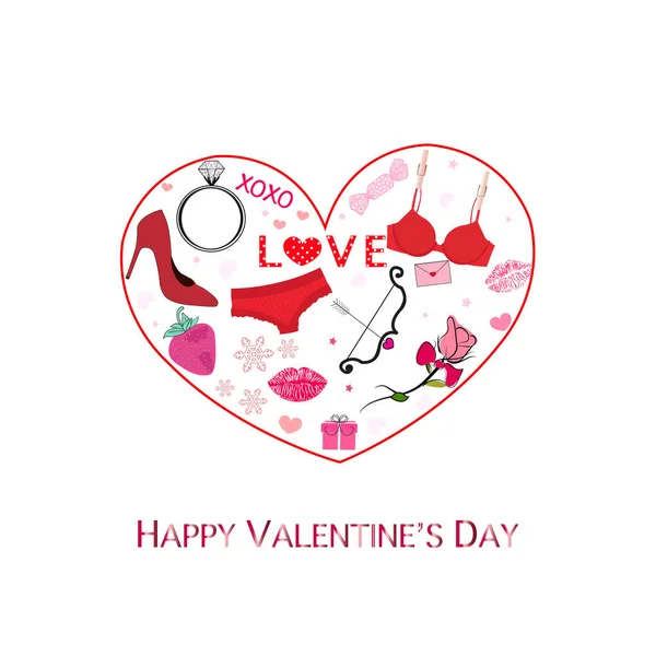 Valentijnsdag Leuke Voorwerpen Elementen Love Tekst Lingerie Aardbei Schoen Lippen — Stockvector