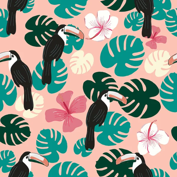 Toucan bird and tropical leaves seamless fabric design pattern. Hand drawn monstera leaves. Decorative beautiful green illustration wallpaper.