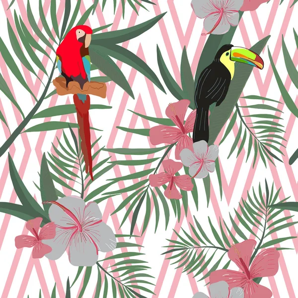 Тропічні Квіти Листя Ботанічний Елемент Тропічним Листям Гібіскусом Тукан Папуга — стоковий вектор