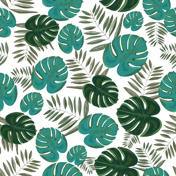 熱帯はシームレスなファブリックデザインパターンを残します 手描きのモンスターの葉 装飾的な美しい緑のイラスト Alliphonewallpapers Net — ストックベクタ