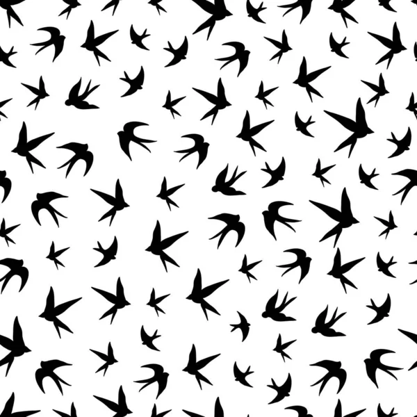 白い背景のシームレスなファブリックデザインパターンにツバメの鳥の黒のシルエット ベクターイラスト — ストックベクタ