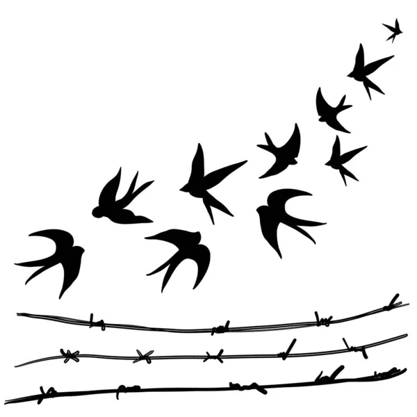 Schwalbenschwarm Verschluckt Vögel Schwarze Silhouette Auf Weißem Hintergrund Vektorillustration — Stockvektor