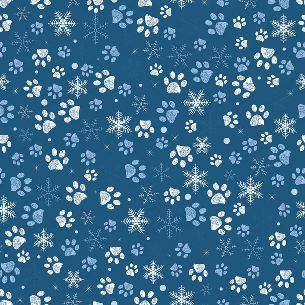 Otisky Tlapek Sněhově Modrým Pozadím Bezešvé Tkaniny Vzor Designu Šťastný — Stockový vektor