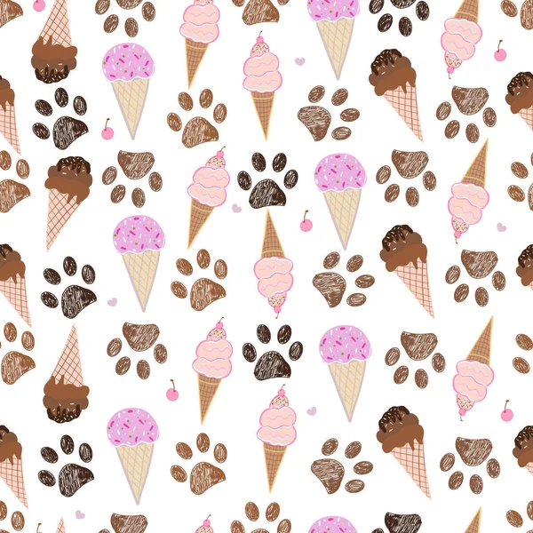 Colorful Delicious Ice Creams Doodle Paw Prints Seamless Fabric Design — Stock Vector