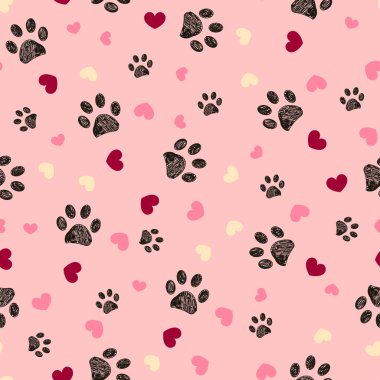 Valentines Day design paw and hearts. Seamless fabric design pet lover pattern. Vector illustration clipart