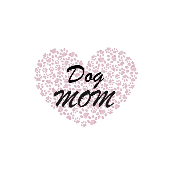用涂鸦制成的粉红爪子印刷心脏 狗妈妈的文字与心脏插图 母亲节快乐的设计 矢量说明 — 图库矢量图片