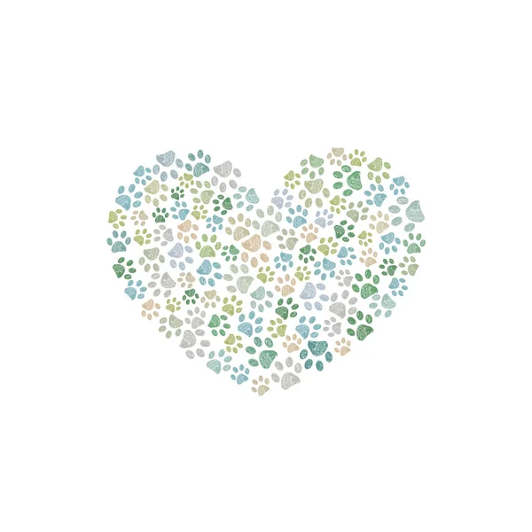 Hergestellt Aus Kritzelpfote Druckt Herz Natur Grün Gefärbtes Herz Hunde — Stockvektor