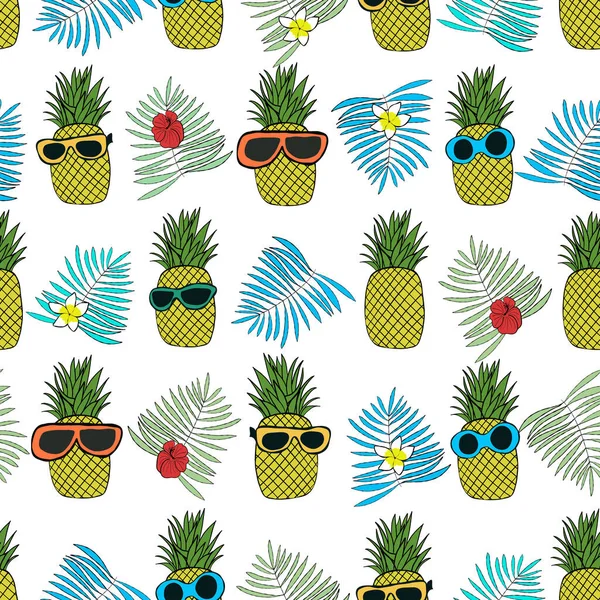 Ananas Avec Des Feuilles Tropicales Motif Conception Tissu Sans Couture — Image vectorielle
