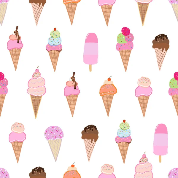 Hand Drawn Beautiful Delicious Ice Creams Seamless Fabric Design Pattern — Stock Vector