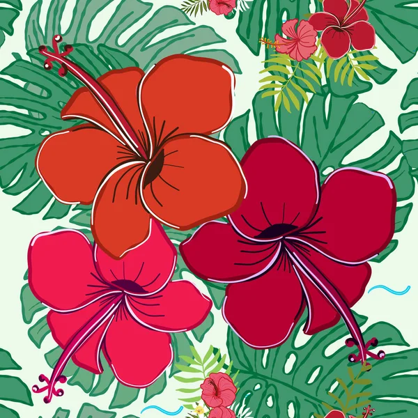 Heure Été Hibiscus Rouge Vif Feuilles Tropicales Beau Vecteur Sans — Image vectorielle