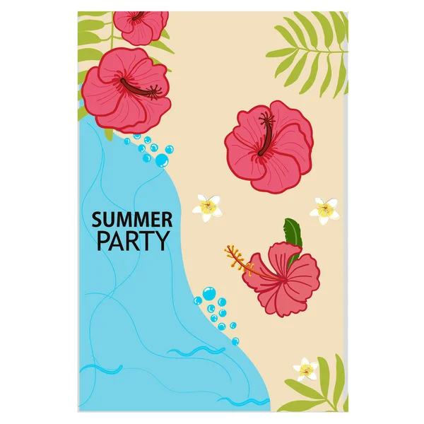 Sommerfest Hibiskus Und Tropische Blumen Grußkarte Mit Meer Und Tropischen — Stockvektor