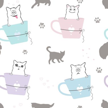 Kahve fincanları pürüzsüz kumaş desenli şirin kediler. Vektör illüstrasyonu