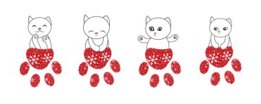 Kar tanelerinden yapılmış pençeleri olan sevimli kediler. Kırmızı Noel afişi tasarımı. Vektör illüstrasyonu