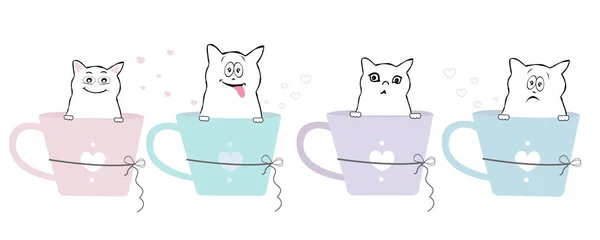 パステルコーヒーカップバナーデザインイラストでかわいい猫 ベクターイラスト — ストックベクタ