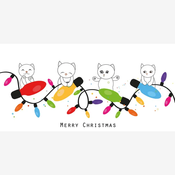 クリスマス電球を持ってかわいい猫 新年とメリークリスマスグリーティングカードのデザイン ベクターイラスト — ストックベクタ