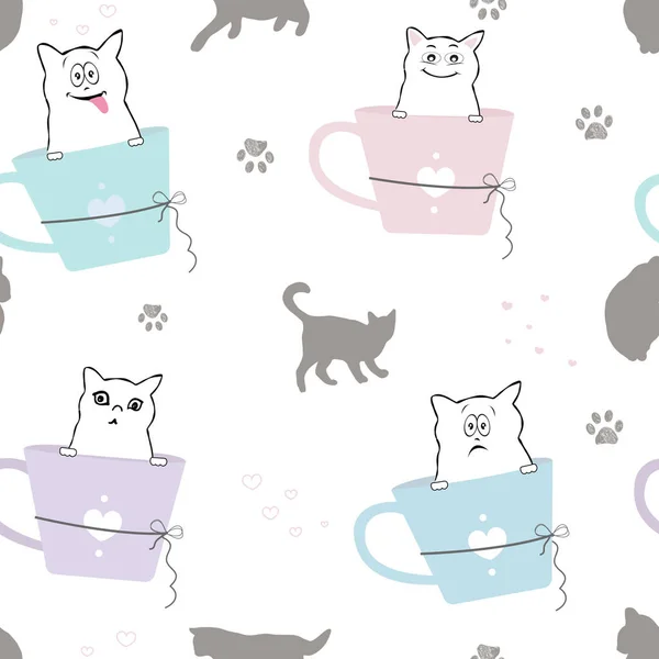 可爱的猫与咖啡杯无缝面料图案 矢量说明 — 图库矢量图片