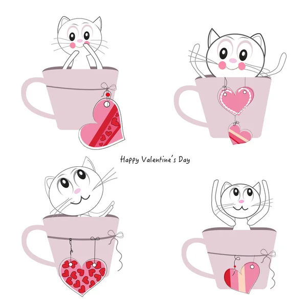 Милые Кошки Празднуют День Святого Валентина Набор Векторных Иллюстраций — стоковый вектор