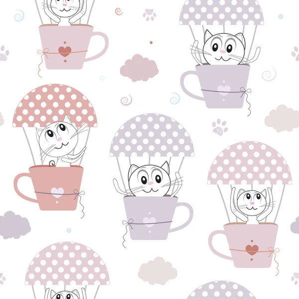 熱気球シームレスファブリックデザインパターンとかわいい猫 ベクターイラスト — ストックベクタ