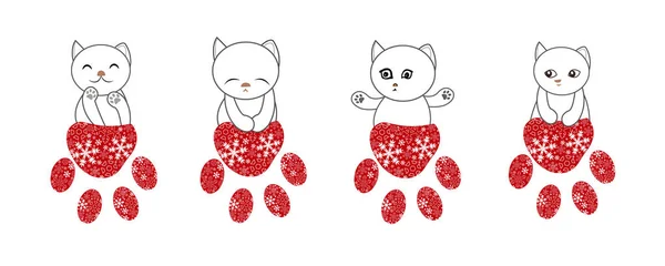 可爱的猫与爪子印雪片红色圣诞大旗的设计说明 矢量说明 — 图库矢量图片