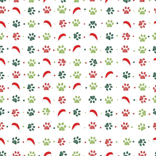 Zelené Červené Tlapky Klobouky Santa Clause Bezešvé Tkaniny Vzor Designu — Stockový vektor