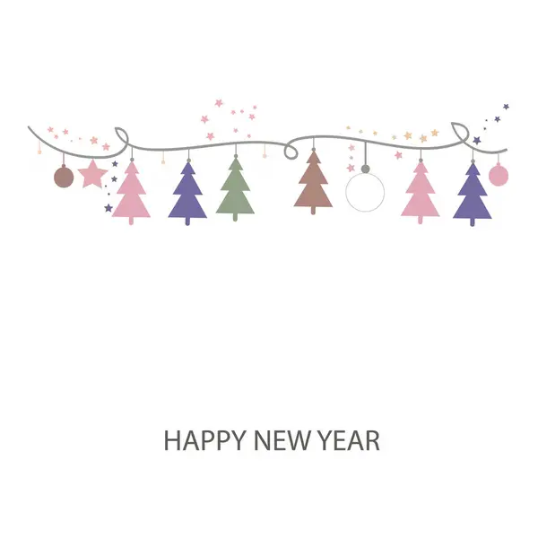 Christmas Pastel Colored Light Bulbs Stars Pine Trees Greeting Card — Stock Vector