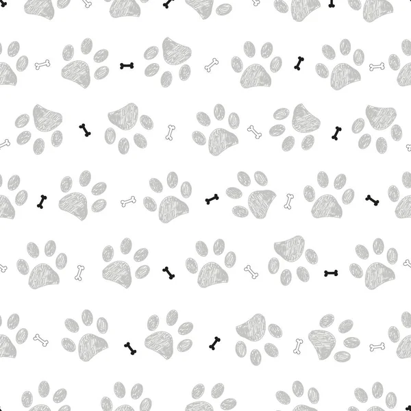 Grey Doodle Paw Prints Bones Pattern Seamless Fabric Design Pattern — Stock Vector
