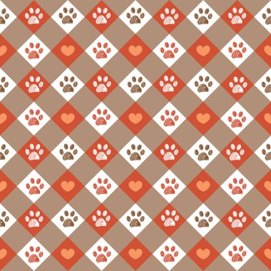 Mutlu Cadılar Bayramı tasarımı ekoseli, pençe izli kalp örneklerini kontrol et. Kusursuz kumaş dizaynı. Vektör illüstrasyonu