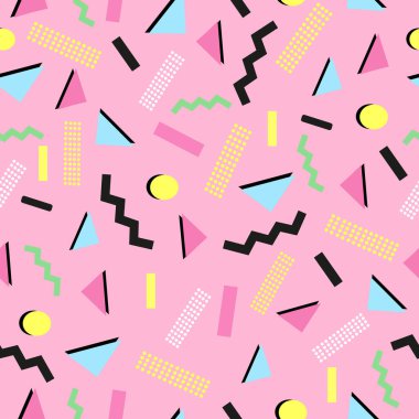 90 'ların arka planı geometrik renkli pembe arkaplanlı. Kusursuz kumaş dizaynı. Vektör illüstrasyonu