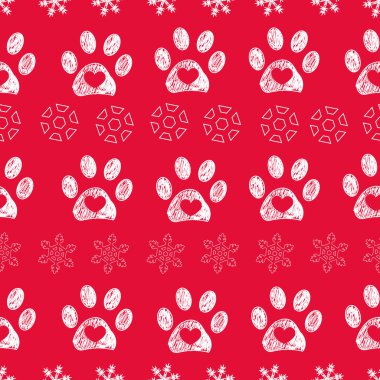 Christmas colored red background colored white paw prints and snowflakes seamless pattern. Vector illustration clipart