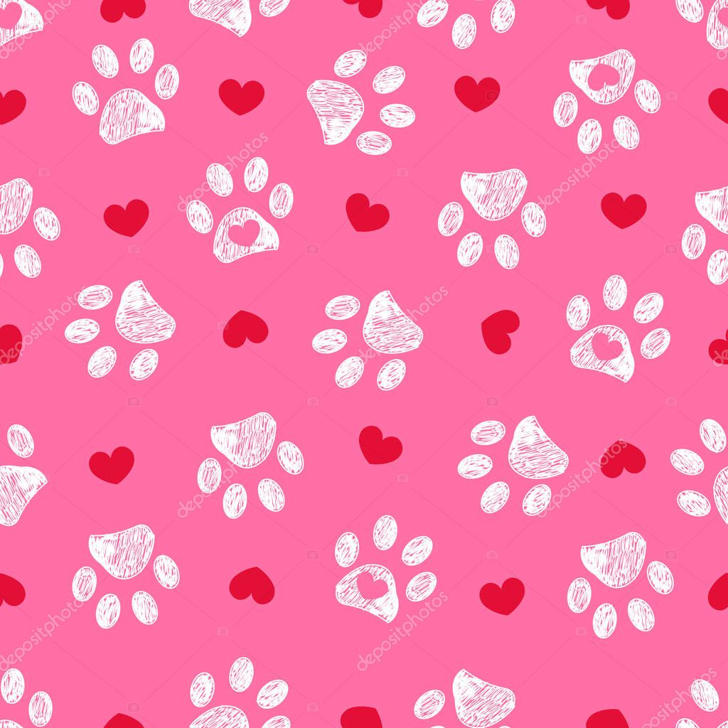 Christmas colored pink background colored white paw prints and cute hearts seamless pattern. Vector illustration