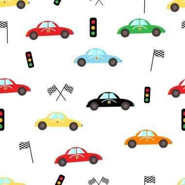 Renkli yarış arabası dikişsiz kumaş dizaynı