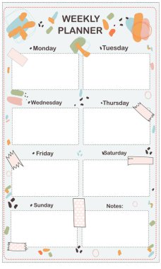 Güzel soyut şekilli haftalık dikey planlayıcı. Vektör illüstrasyonu