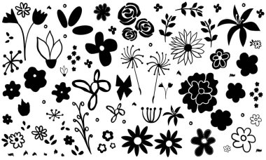 Siyah siluet çiçekleri afiş tasarımı elementleri. Vektör illüstrasyonu