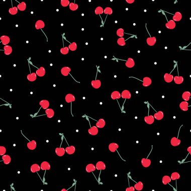 Kirazlar ve noktalar dikişsiz kumaş desenli siyah arka plan. Vektör illüstrasyonu