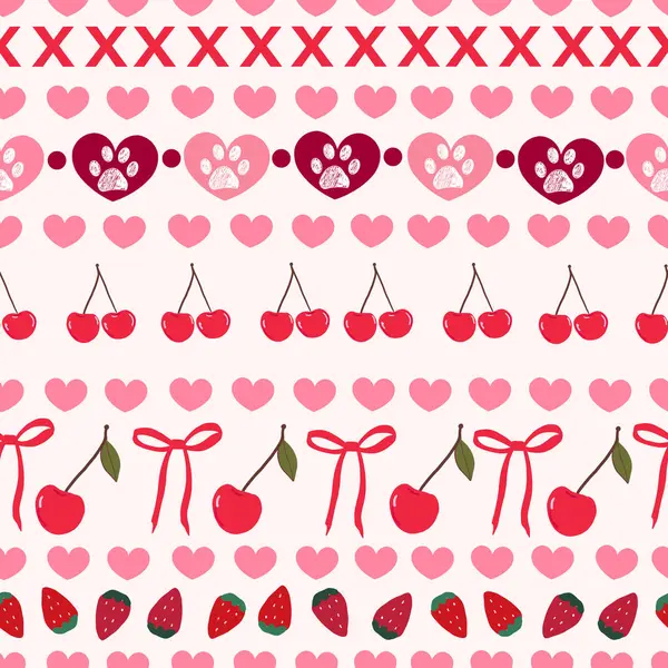 Şirin çilek ve kirazsız kumaş deseni. Vektör illüstrasyonu