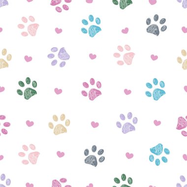 Pastel pençe ve kalpler. Kusursuz kumaş tasarımlı evcil hayvan sevici modeli. Vektör illüstrasyonu