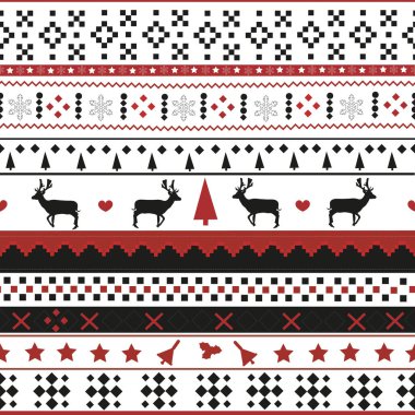 Noel Jacquard mozaik desenli kahverengi arka plan kırmızı ve siyah. Vektör illüstrasyonu
