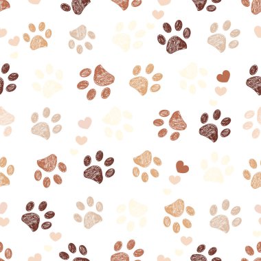 Kahverengi karalamalı pençe izleri ve kalpsiz kumaş deseni. Vektör illüstrasyonu