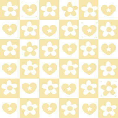 Ekose sarı papatya ve kalp deseni. Vektör illüstrasyonu