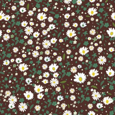 Kusursuz şirin papatyalar ve renkli çiçek desenli kahverengi arka plan. Vektör illüstrasyonu