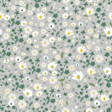 Kusursuz şirin papatyalar ve renkli çiçek desenli gri arka plan. Vektör illüstrasyonu