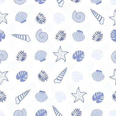 Deniz kabukları dikişsiz kumaş dizaynı. Vektör illüstrasyonu