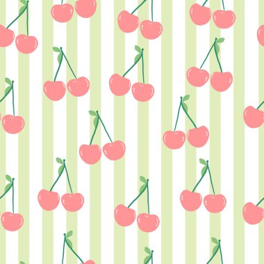 Yeşil ve beyaz çizgili kiraz deseni 2. Vektör illüstrasyonu