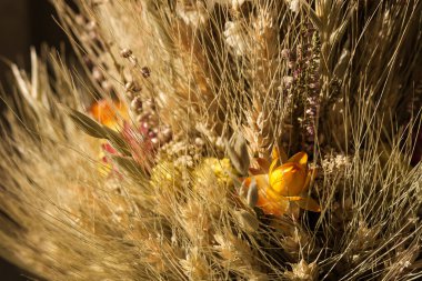 Didukh. Parça yakın çekim. Ukrayna Noel süsü ve geleneksel sembol. Farklı mısır gevreği ve çiçeklerden yapılmıştır..