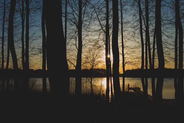 Landscape with dark silhouettes of trees through which you can see the sunset above the lake