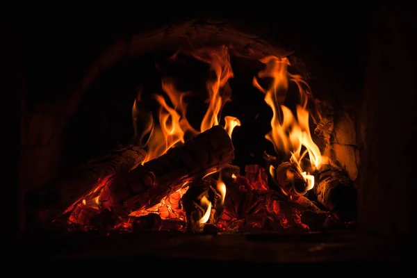 Ofen Mit Brennendem Feuer Nahaufnahme Hintergrund — Stockfoto
